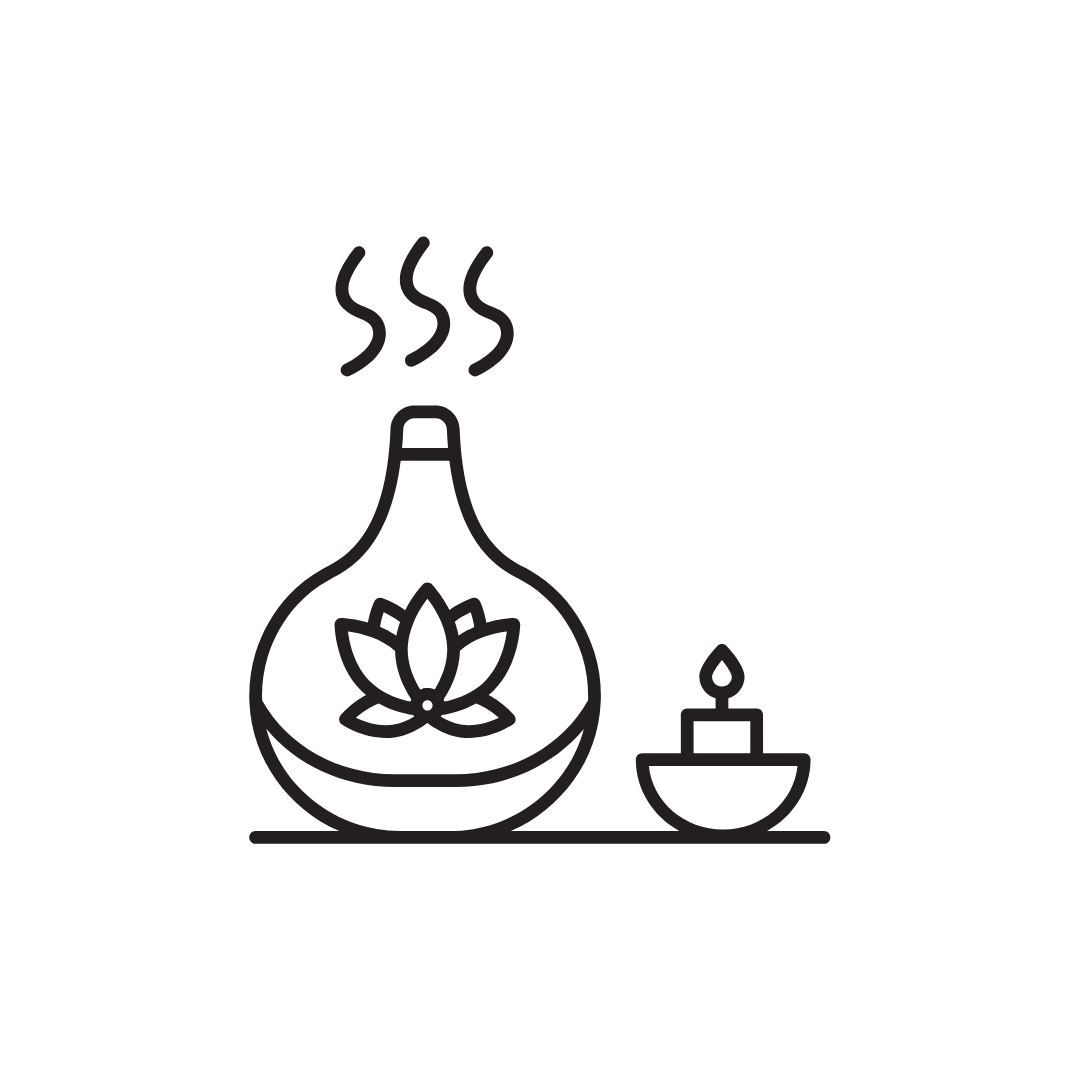 Icon: Schale mit aufsteigendem Duft und kleine Flasche – steht für Aromapflege und wohltuende Düfte.