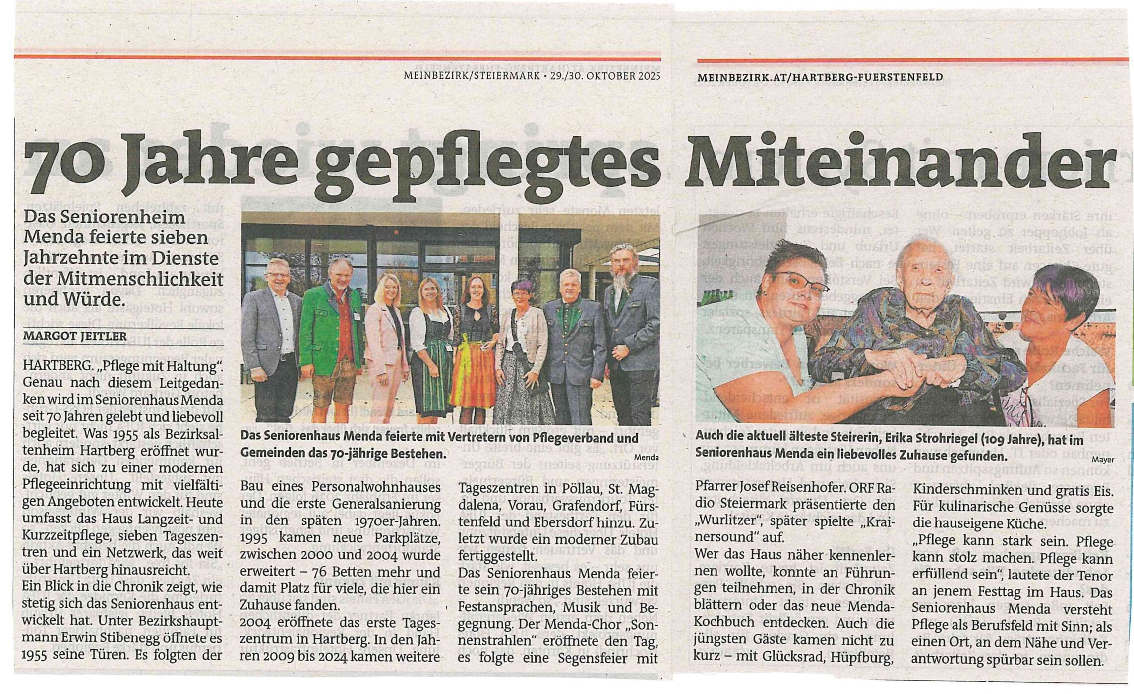 Ein deutscher Zeitungsartikel mit dem Titel 70 Jahre gepflegtes Miteinander zeigt Fotos einer Gruppe vor dem Seniorenhaus in Hartberg und drei Frauen, die sich bei einer Feier in einem Seniorenheim lächelnd die Hände schütteln.