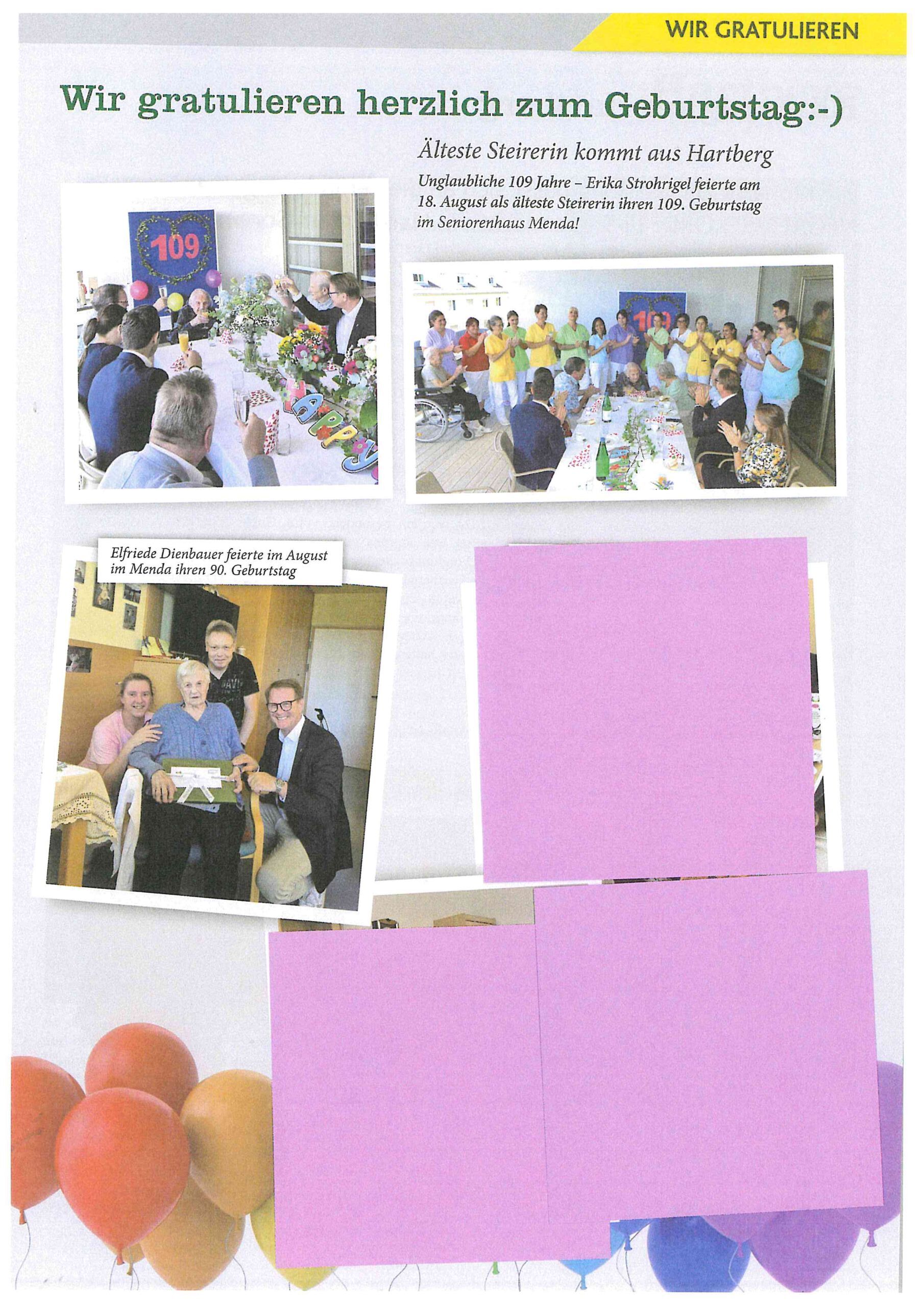 Eine Geburtstags-Collage mit Luftballons auf der linken Seite, mit der Überschrift Wir gratulieren herzlich zum Geburtstag :), zeigt Gruppen von Menschen, die feiern, Essen teilen und lächeln. Einige Bereiche sind mit lila Schachteln bedeckt.