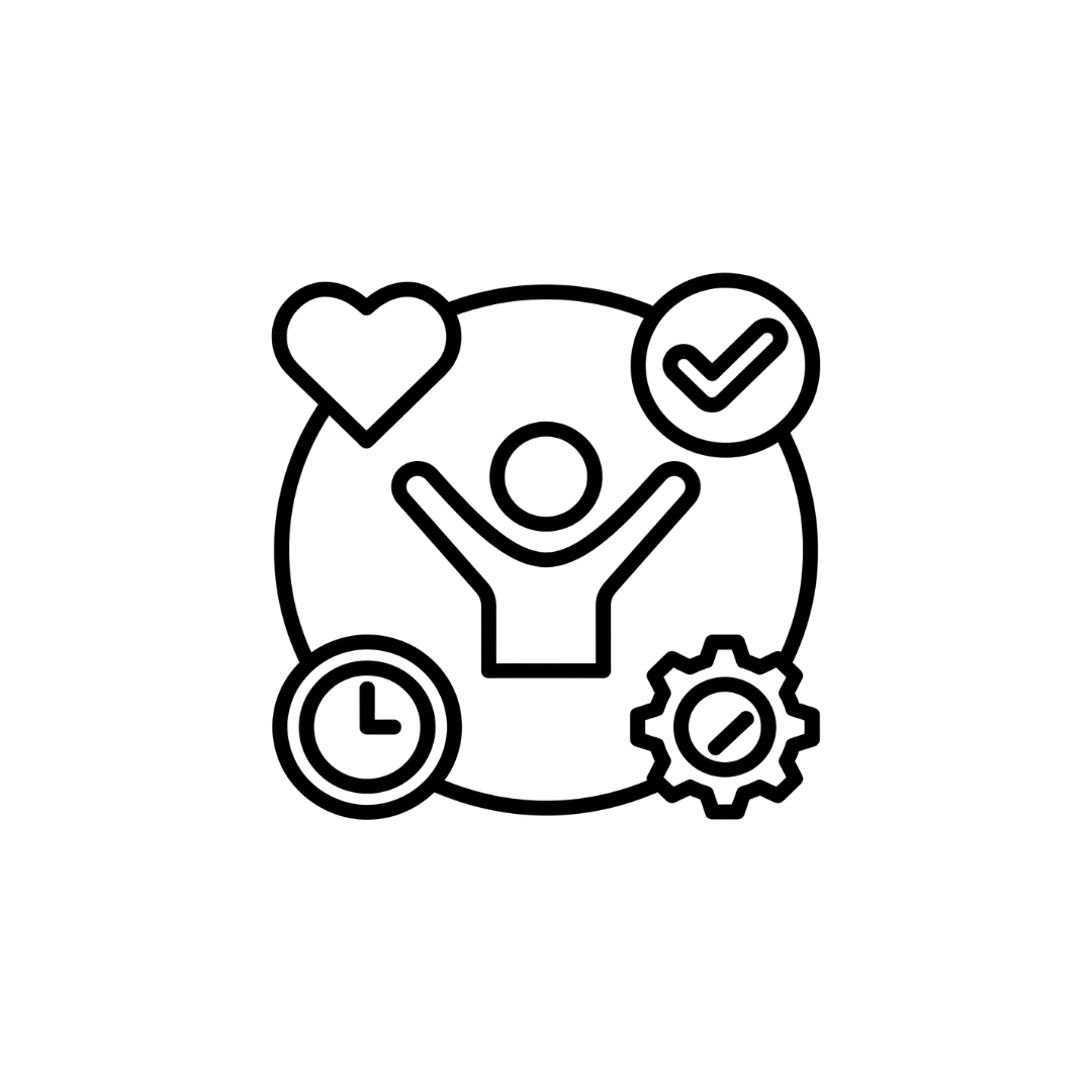 Icon: Zufriedene Person mit Herz, Häkchen, Uhr und Zahnrad als Symbol für ganzheitlichen Service und Effizienz