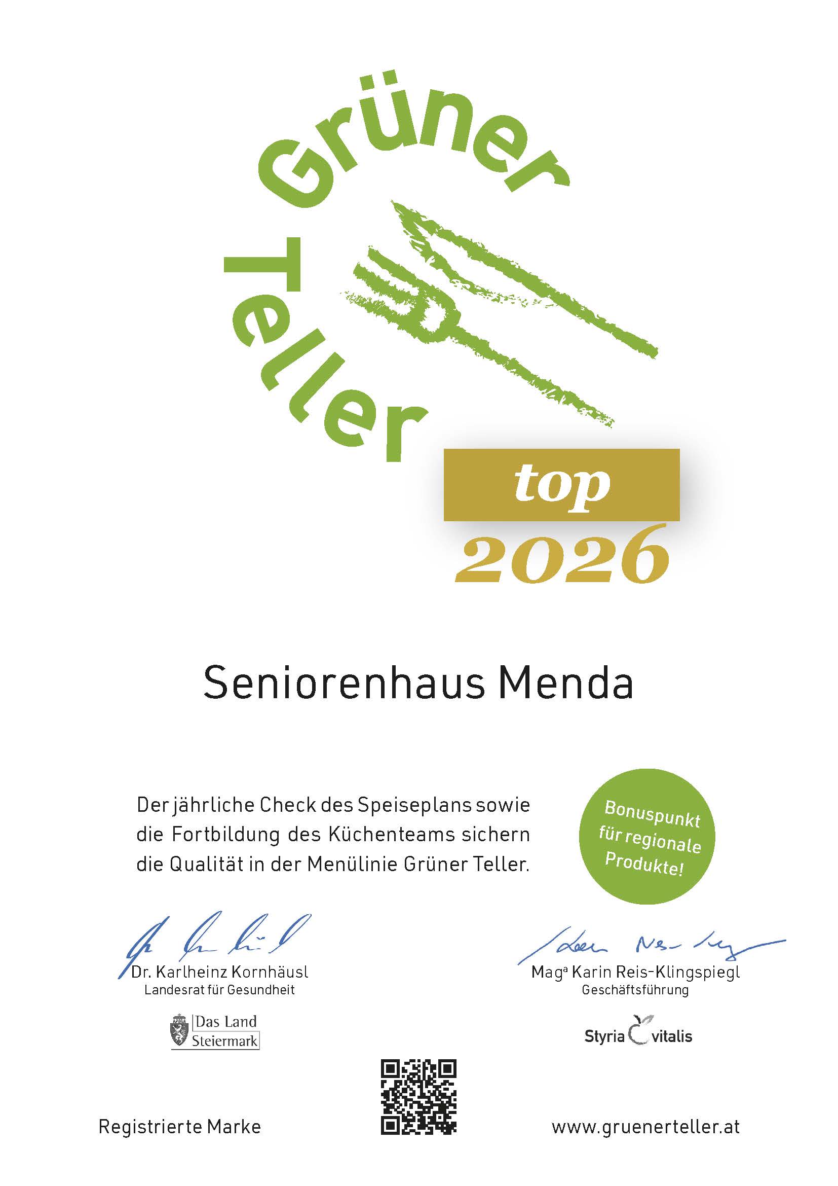 2026 Urkunde Gruener Teller.Seniorenhaus Mend a
