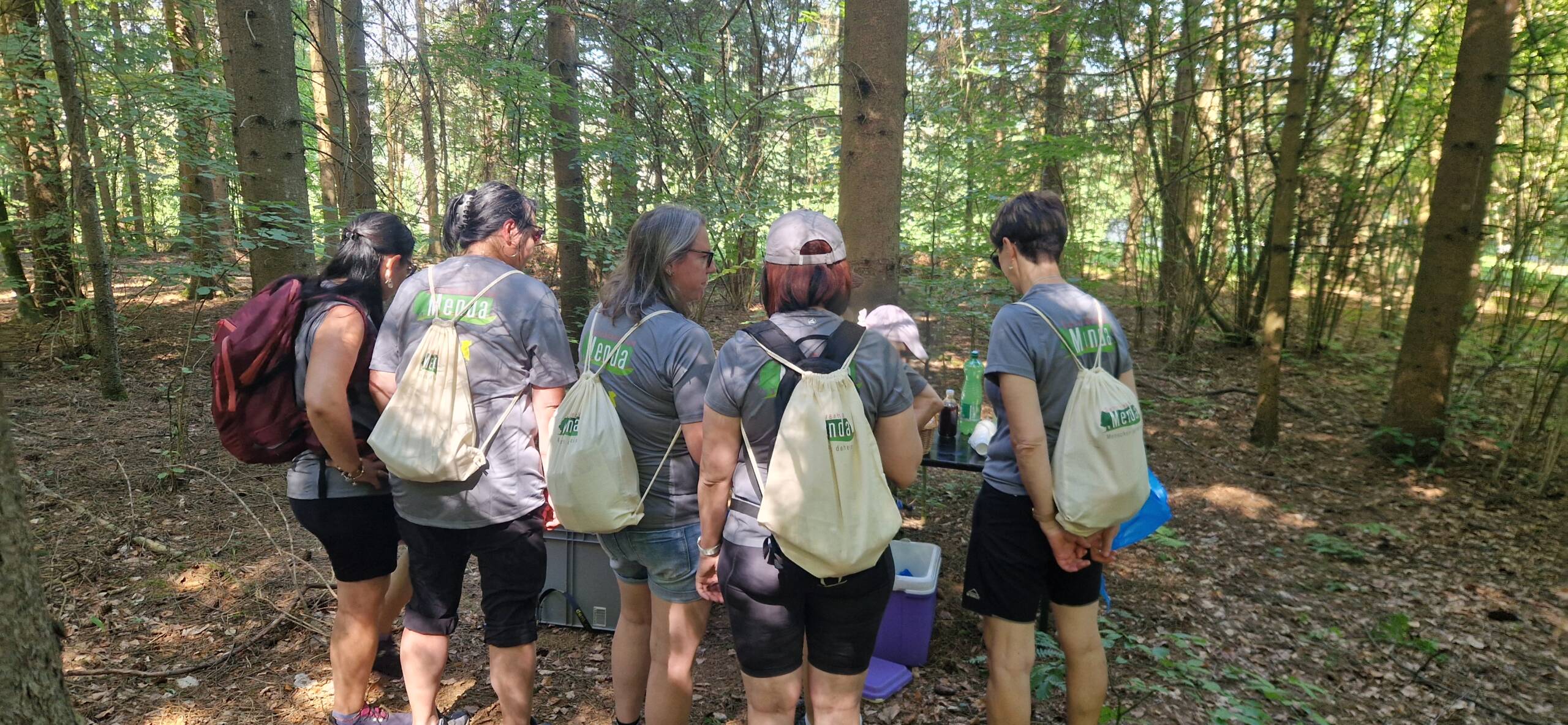 Genusstourwanderung – Bewegung, Natur und Gemeinschaft 3 Teilnehmende einer geführten Wanderung gehen gemeinsam durch einen schattigen Wald.
